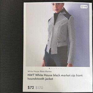White House Black Market Black and Cream Houndstooth Zip Blazer Size 16